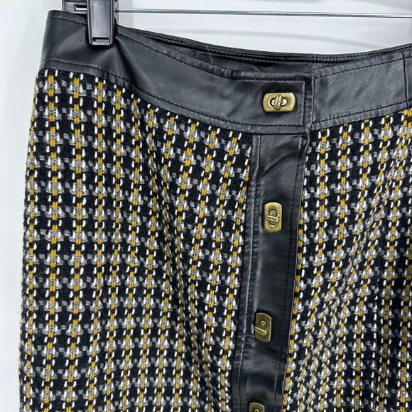 Talbots Plaid Mini Skirt 10P Wool Tweed Faux Leather Trim Black Brown Vintage - Picture 4 of 6